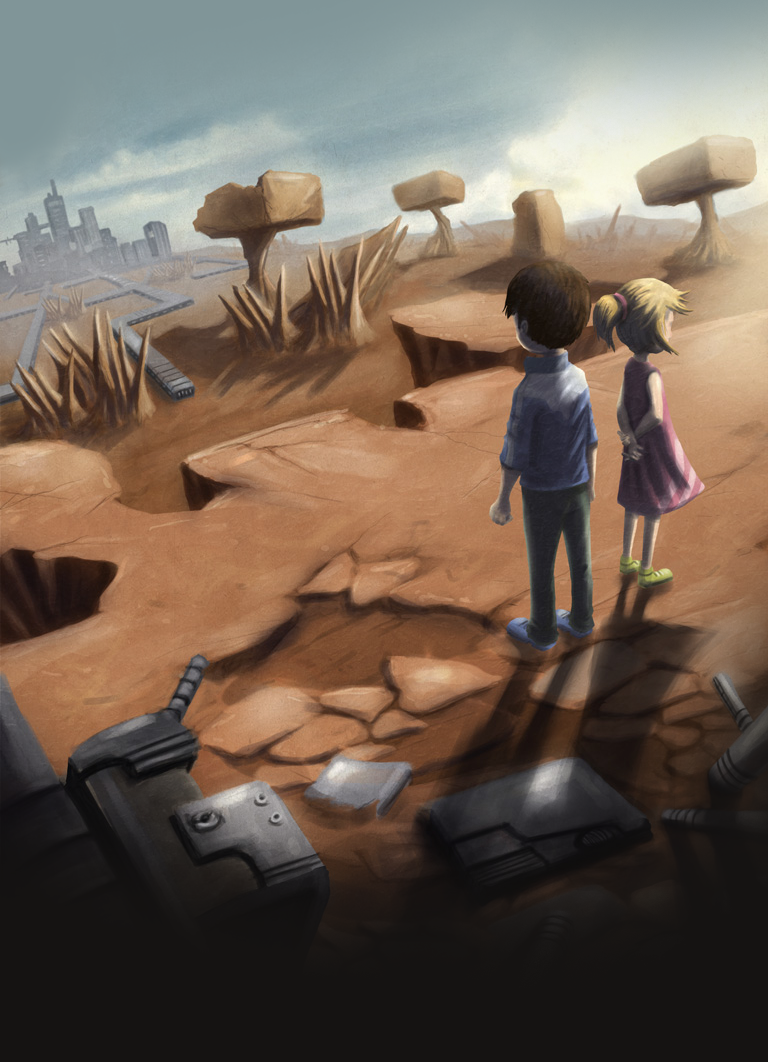 Two children stand on cracked earth, looking toward a distant city.
